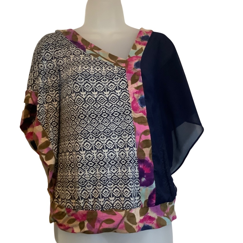 Vanessa Virginia Anthropologie Mixed Print Blouse Floral Ikat Asymmetric Navy S